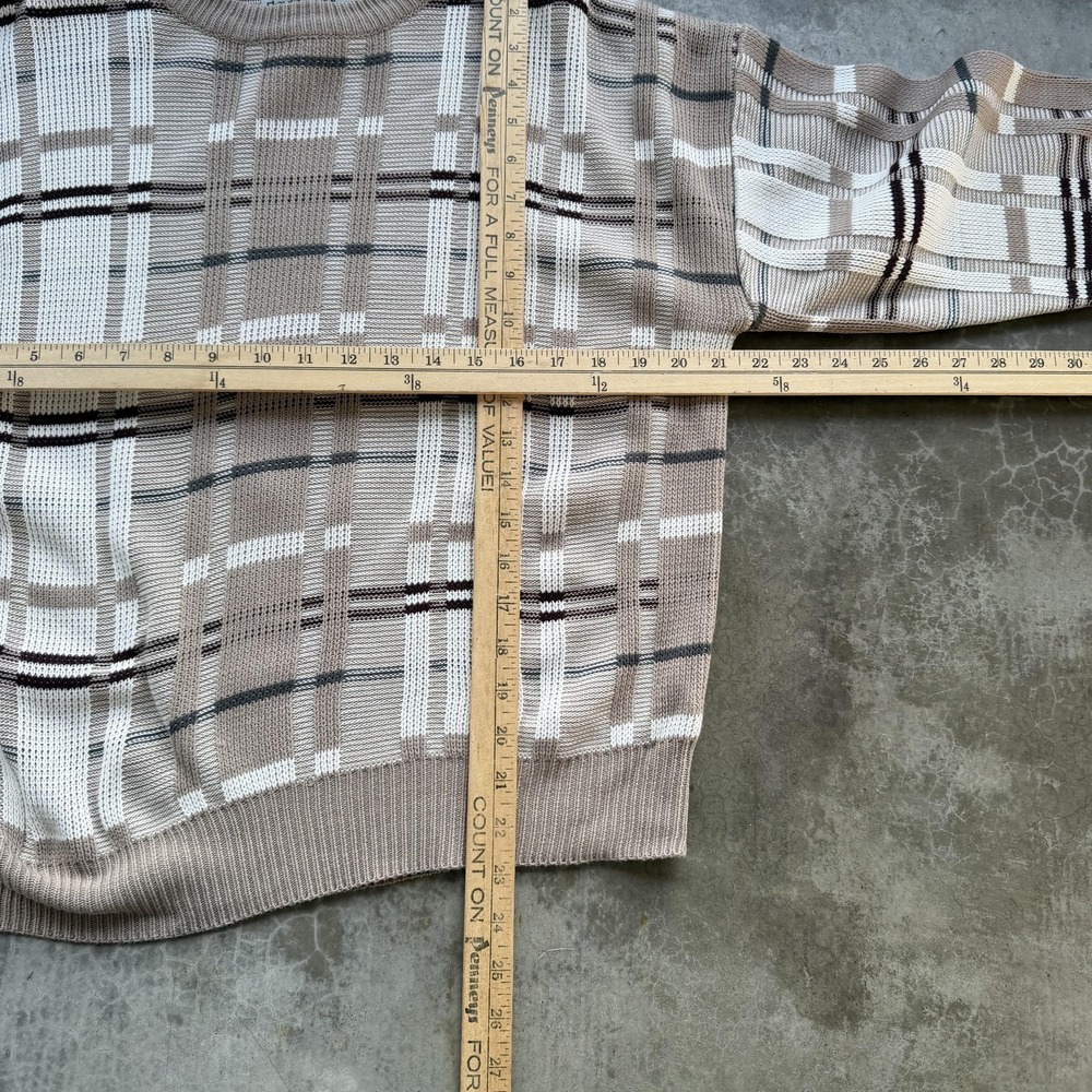Vintage Sweater Mens Small Beige Plaid Knit Crewneck Pullover Long Sleeve - Picture 4 of 6